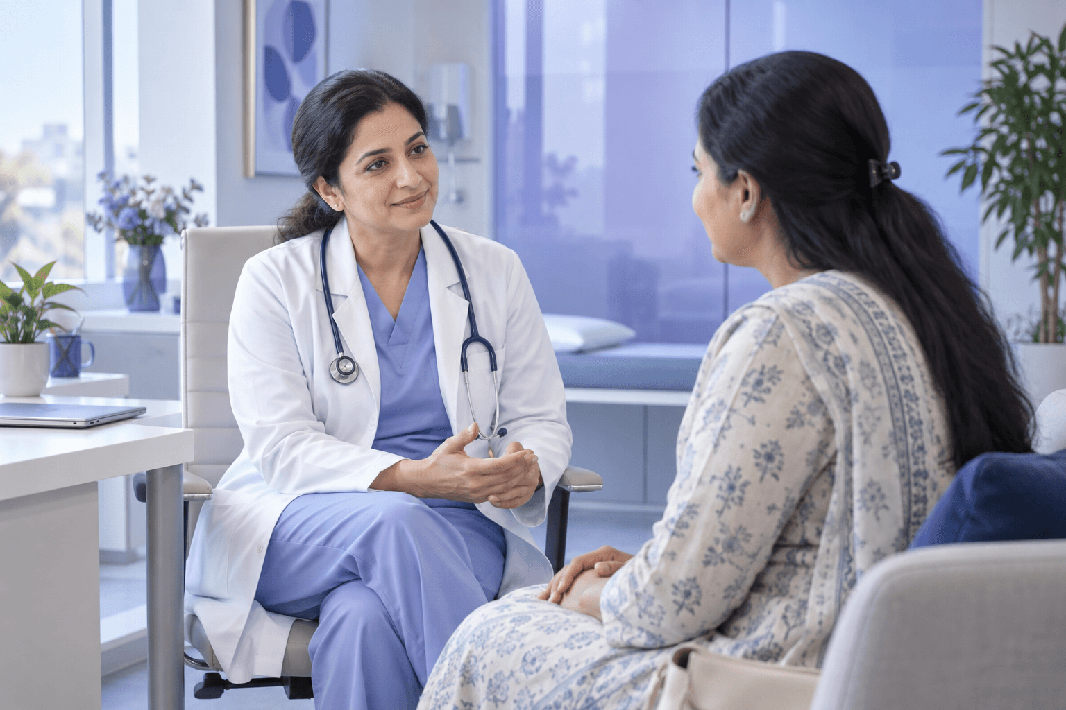 Illustrative doctor listening to a patient in a consultation room.